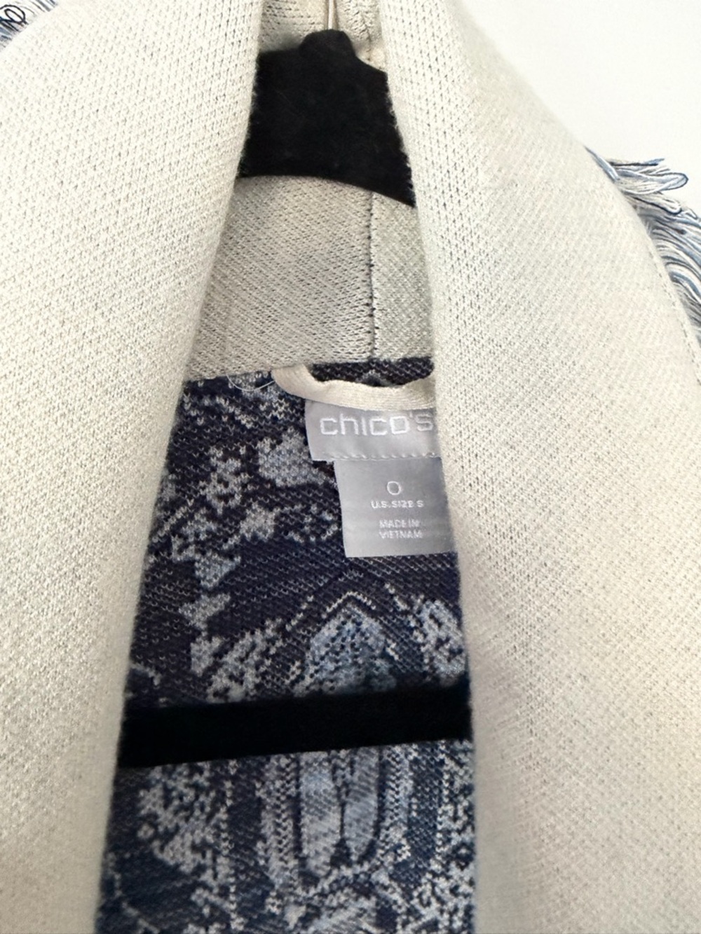 Chico's Cream and Black Paisley Fringe Open Cardigan - Picture 4 of 4
